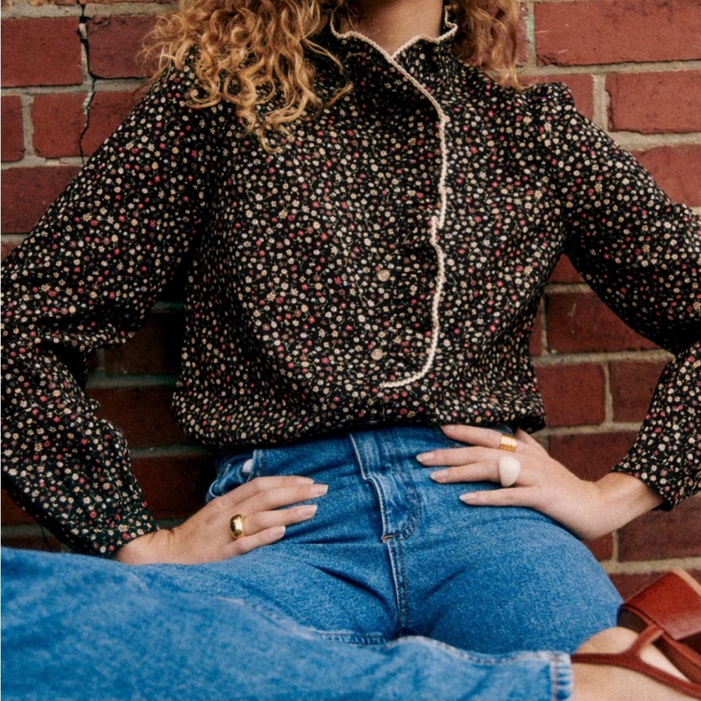 Sezane Black and floral Button Down Shirt